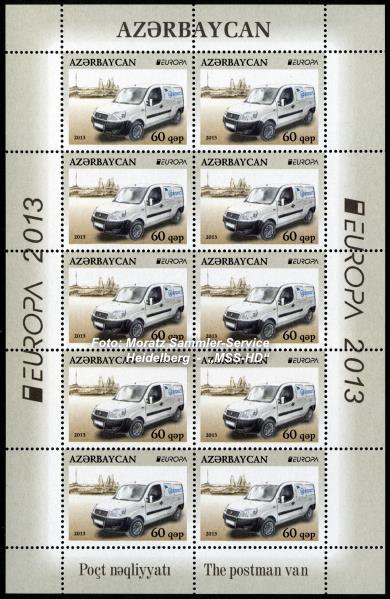 Briefmarken-Ausgabe Aserbaidschan: EUROPA CEPT Gemeinschaftsausgabe 2013 - Postfahrzeuge