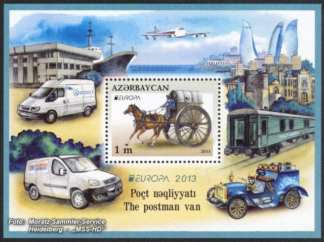Briefmarken-Ausgabe Aserbaidschan: EUROPA CEPT Gemeinschaftsausgabe 2013 - Postfahrzeuge