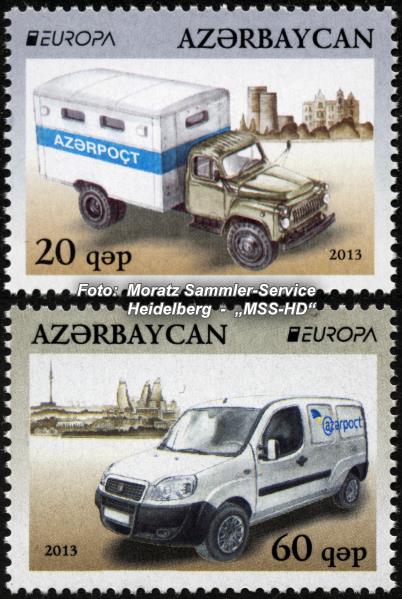 Briefmarken-Ausgabe Aserbaidschan: EUROPA CEPT Gemeinschaftsausgabe 2013 - Postfahrzeuge