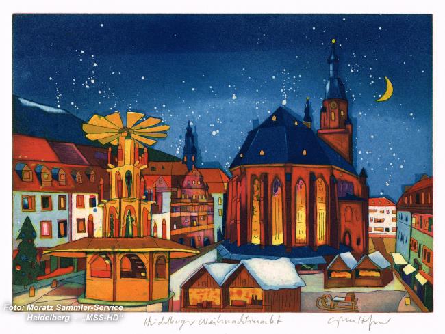 Gerhard Hofmann - original color etching "Heidelberger Weihnachtsmarkt"